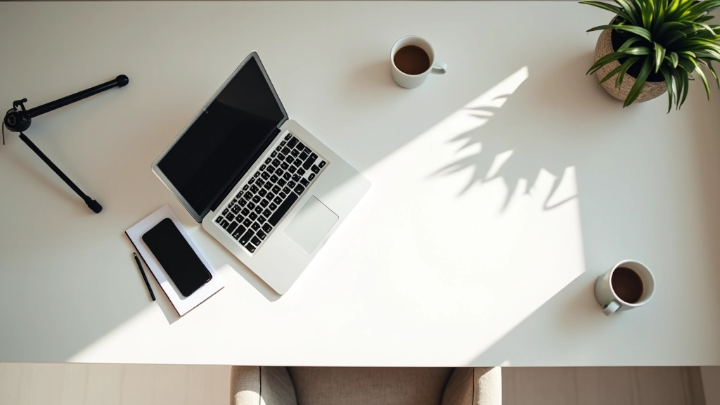 Modern çalışma alanında odaklanmış profesyonel, dikkat dağınıklığı olmayan masa, minimalist ortam, doğal ışık